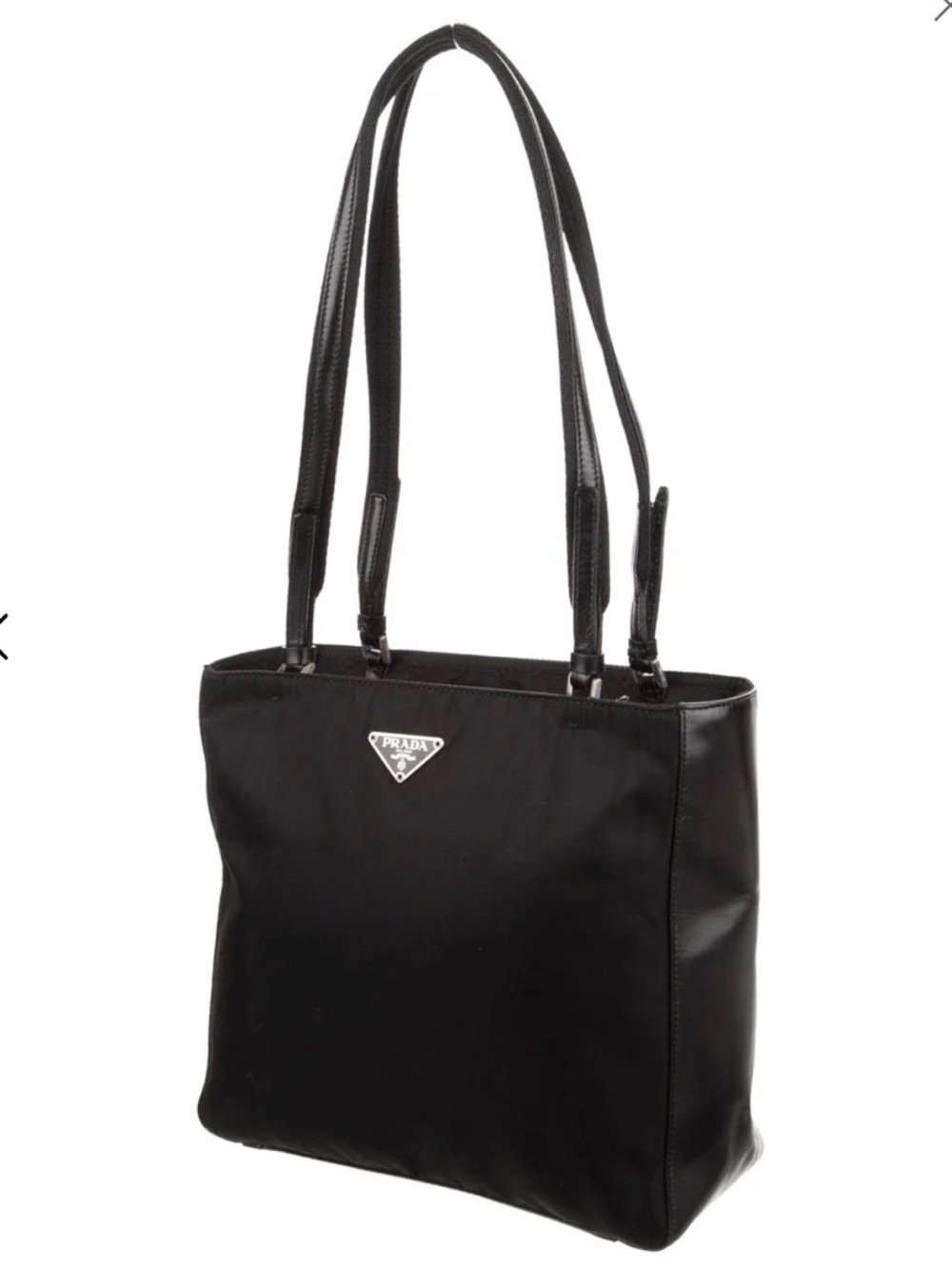 Prada Black Nylon Tote with Leather Shoulder Straps and Triangle Logo